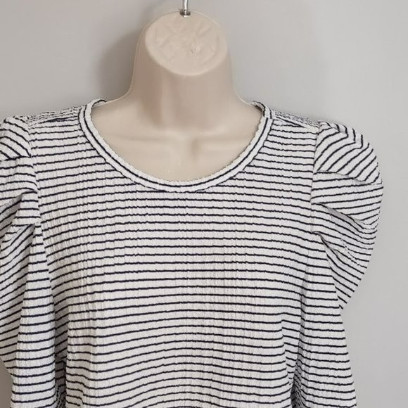 LOFT Black and White Striped Pleated Puffy Shoulder Long Sleeve Top Medium - Picture 6 of 12